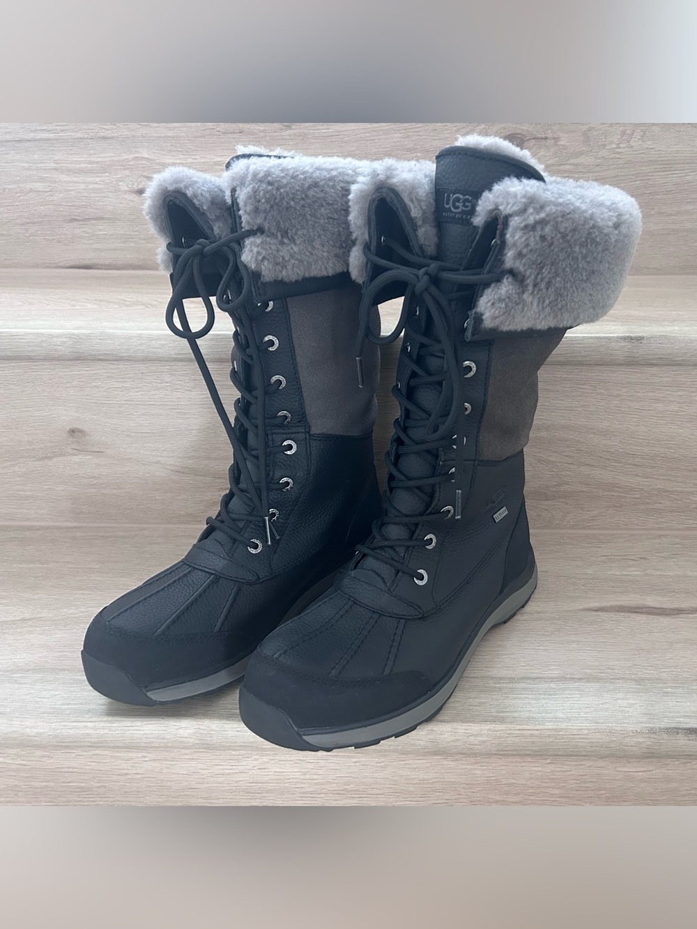 UGG Black and Gray Women's Tall Lace-Up Winter Boots with Fur Cuff
